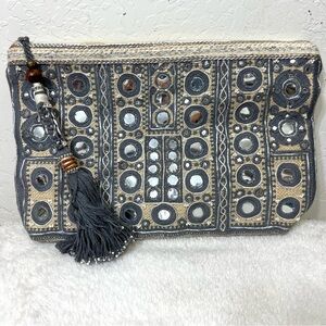 Star Mela Jute Clutch Zip Top Mirrors Tassel Cream and Silver